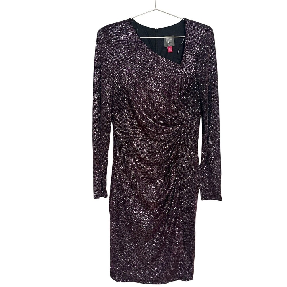 Vince Camuto Metallic Knit Long Sleeve Black and Purple Ruche V-Neck Dress, S 8
